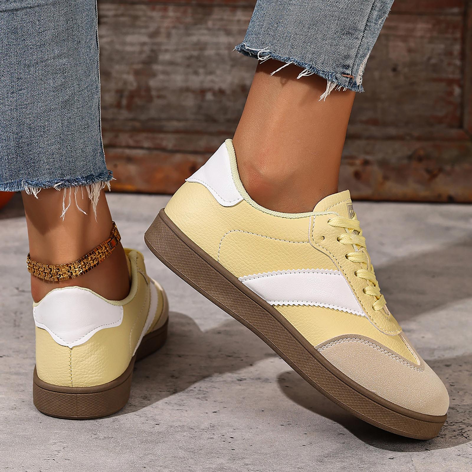 Womens Skate Shoes Comfy Arch Support Tennis Walking Shoes Fashion Color Block Lace up Nonslip Trainers Sneakers Yellow Size 7