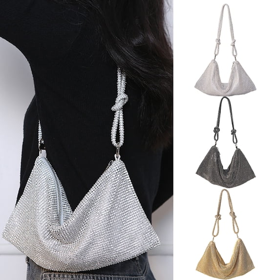 GROFRY Shoulder Bag Rhinestones Solid Color Female Shiny Handmade Underarm Handbag for Party Gathering Wedding Banquet