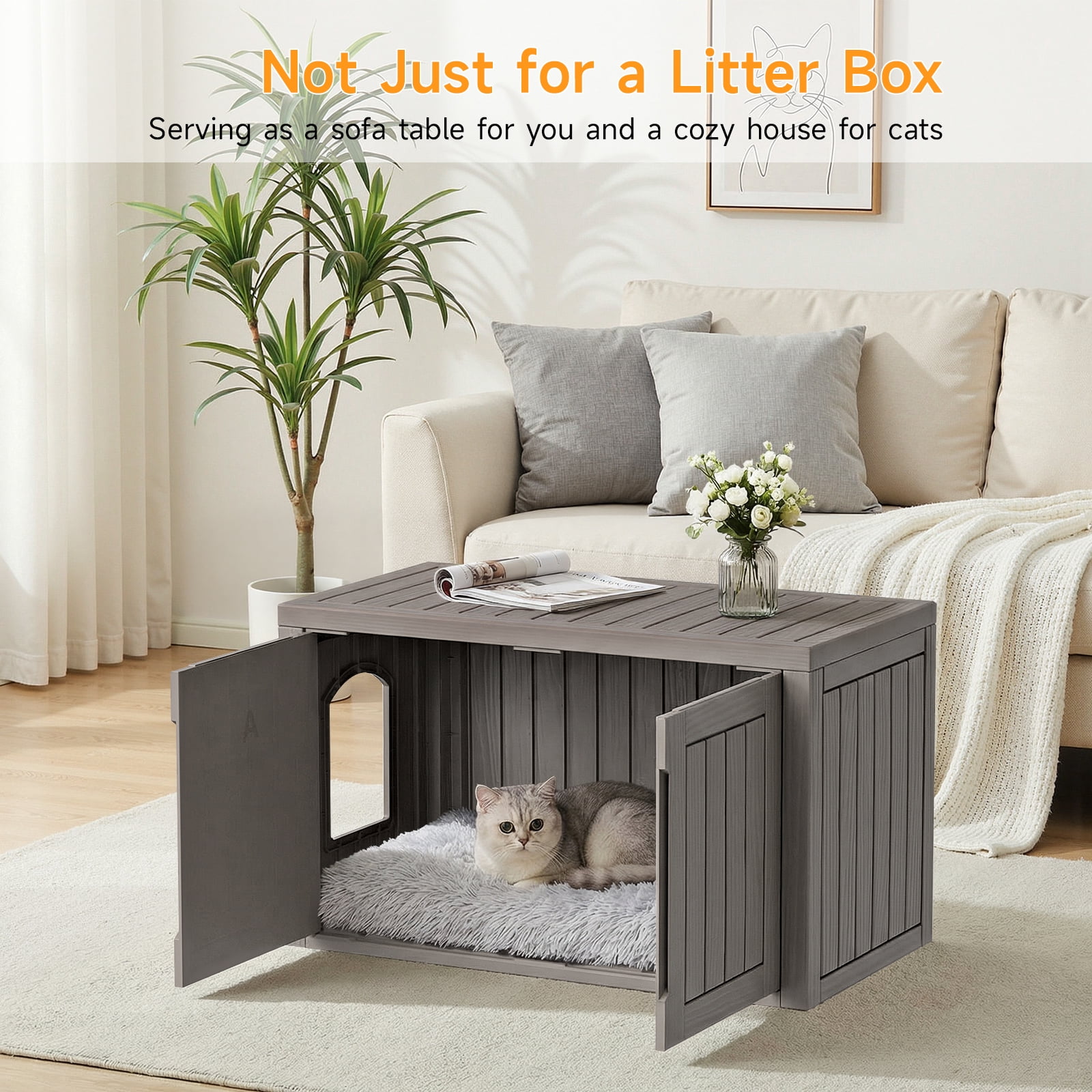 Dovov Oversized Hidden Cat Litter Box Enclosure Furniture, Multi-Functional Cat Washroom Bench with Removable Divider, Large Litter Box Storage Cabinet, Brown