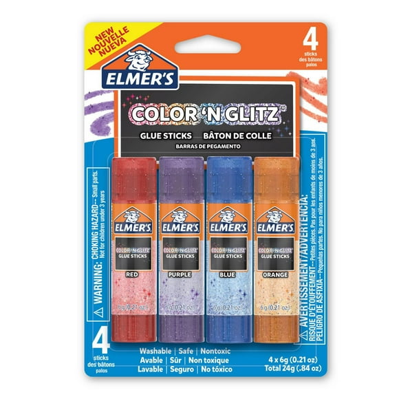 Ensemble de bâtons de colle Color ’n Glitz Elmer’s, lavable, couleurs assorties, 6 grammes, 4 unités Elmer's