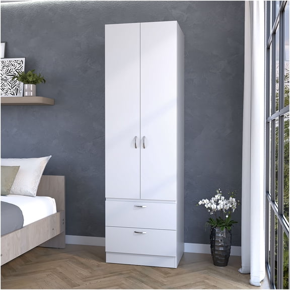 JERFIT White Tall Wardrobe with Doors and Drawers, Freestanding Bedroom Storage Cabinet Organizer