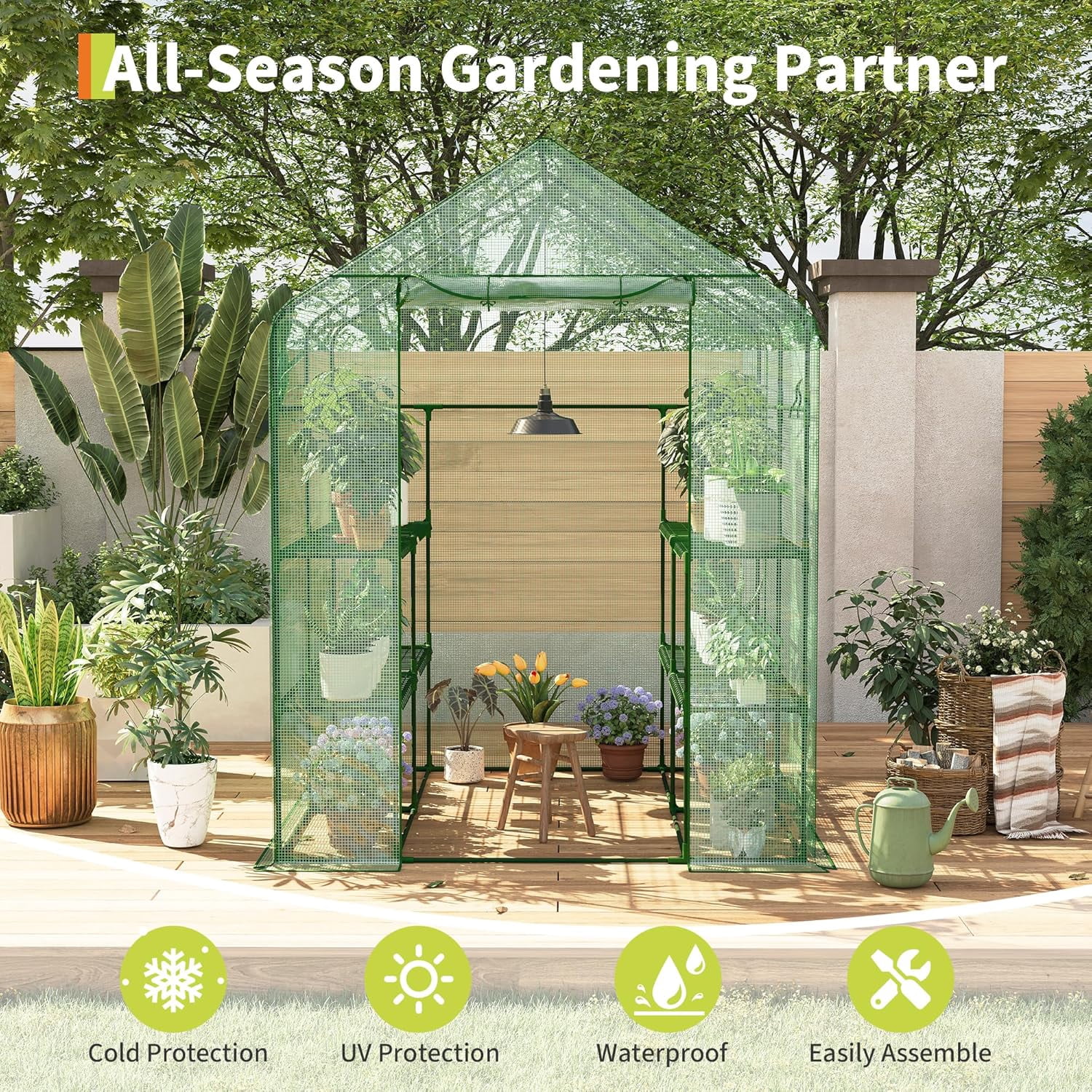 Yiwa 57"x57"x77" Portable Greenhouse with Thickened PE Cover & Roll-up Zipper Door - Walk-in Tunnels for Seedlings, Flowers, 12-Tier Shelves