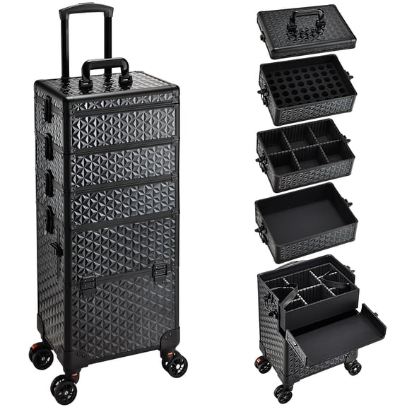 5 in 1 Makeup Case on Wheels Professional Rolling Nail Cart Makeup Organizer Cosmetology Case Travel Cosmetic Storage Box Extra Large Trolley Truck
