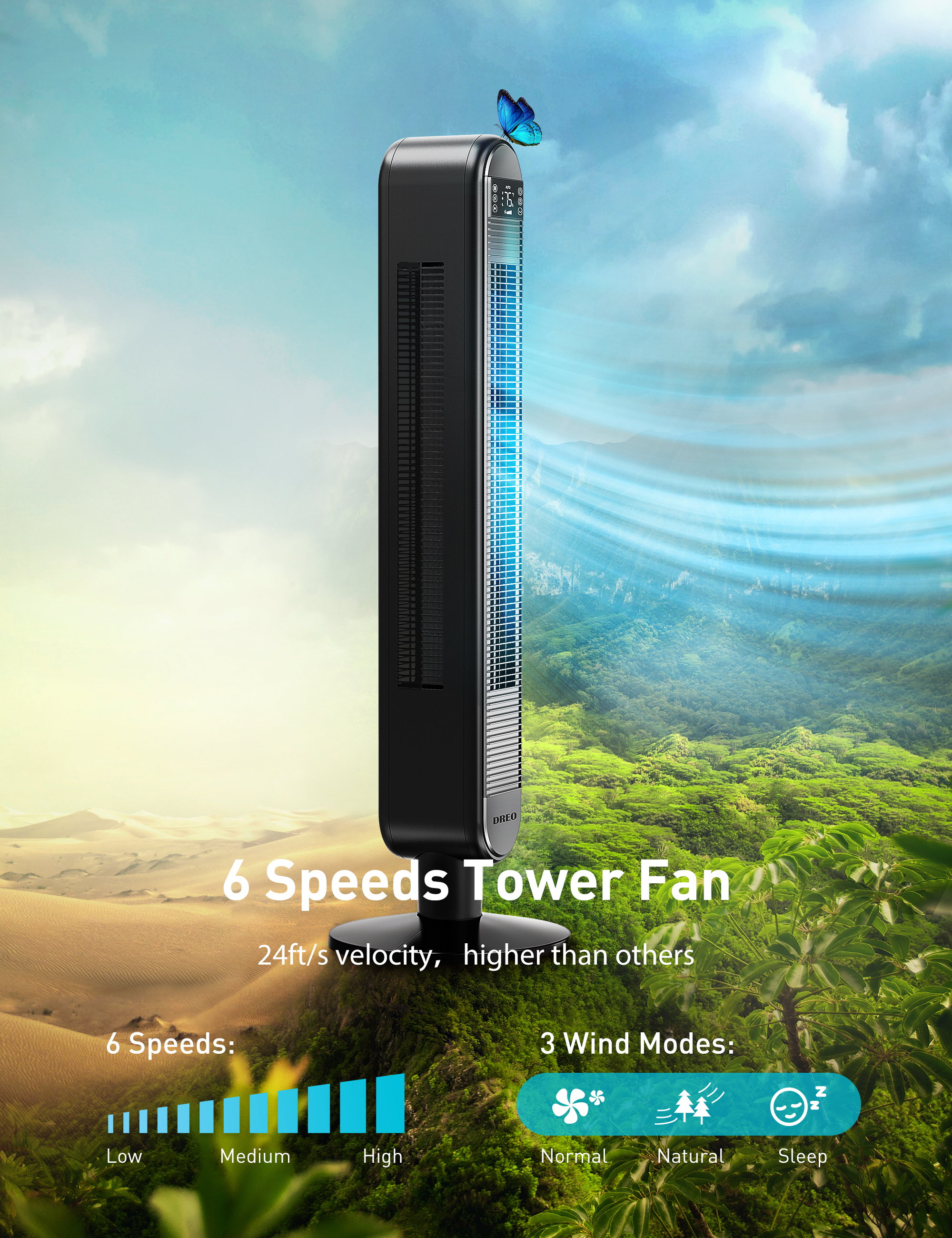 Dreo Tower Fan for Bedroom, 42 Inch Bladeless Fan, 90° Oscillating Fan,  Quiet Floor Fan with Remote, LED Display, 6 Speeds 4 Modes, 12H Timer,  Standing Fans for Home Living Room Office,