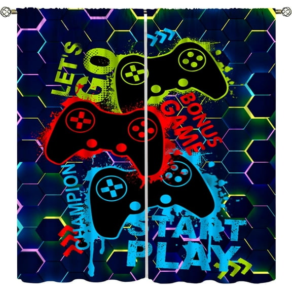 Gamer Blackout Curtains, Colorful Graffiti Neon Abstract Geometric Video Gamepad Print Rod Pocket Window Treatments Drapes for Boys Girls Teens Bedroom Living Room Playroom Decor 84x84in