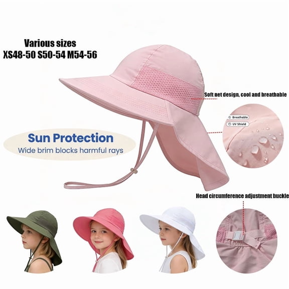 Minzimin 1Pack Kids Sun Protection Bucket Hat with Neck Flap, Outdoor Wide Brim Fishing Hat, Solid Color Lightweight Summer Cap for Boys & Girls, Multi Size Fit 1-14 Years Old