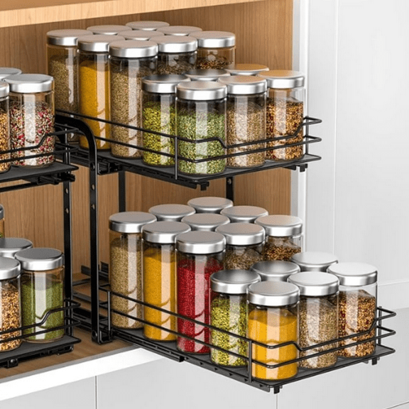 Spice Rack, 2 Tier Pull out Cabinet Spice Organizer, Height Adjustable Slides out Ultra-smooth Racks for Spice Organization, Seasoning Organizer for Inside Cabinets(7.5" Wx10.5 Dx9.5 H)