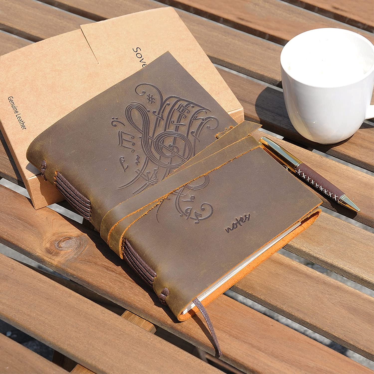 Leather Bound Journal for Men and Women, Handmade Gift Set with Music Notes Embossed Journal and Stylish Pen, Vintage and Classic, Notebook, Sketchbook, Planner and Diary (300 Pages) (8x6")