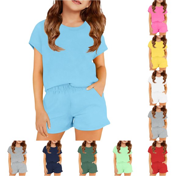 CUZIBR Child Girls Casual Outfit Sets Soft Solid Color O-Neck Short Sleeve T-Shirts Shorts Comfy Two Piece Play For Toddler Kids Clothing Sets,Light Blue,11-12 Years