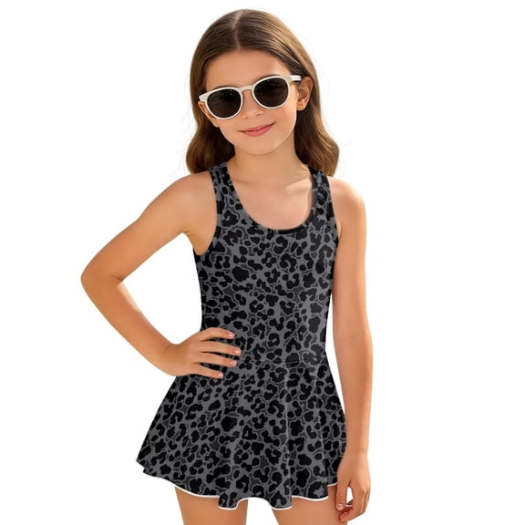 Xixirimido Black Leopard Cheetah Print Modest Girls’ Swimwear One Piece – Hawaiian Skirted Bathing Suit with Built-in Shorts, Sleeveless UPF 50 Swimsuits, 6-7 Years