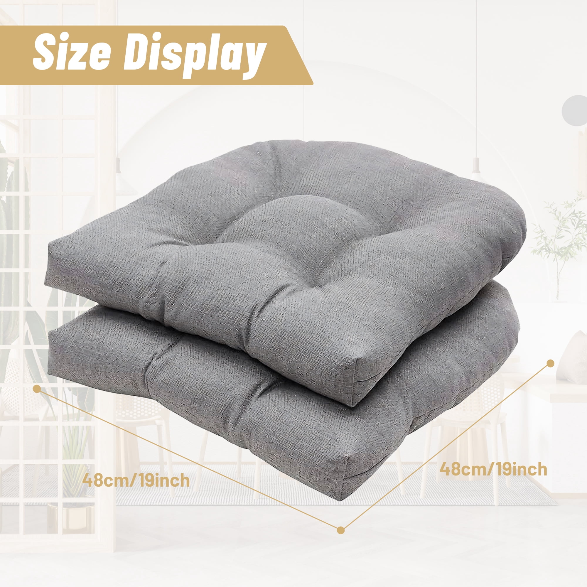 2Pieces Tufted Chair Pad Wicker Seat Cushions Round Back Outdoor/Indoor Gray