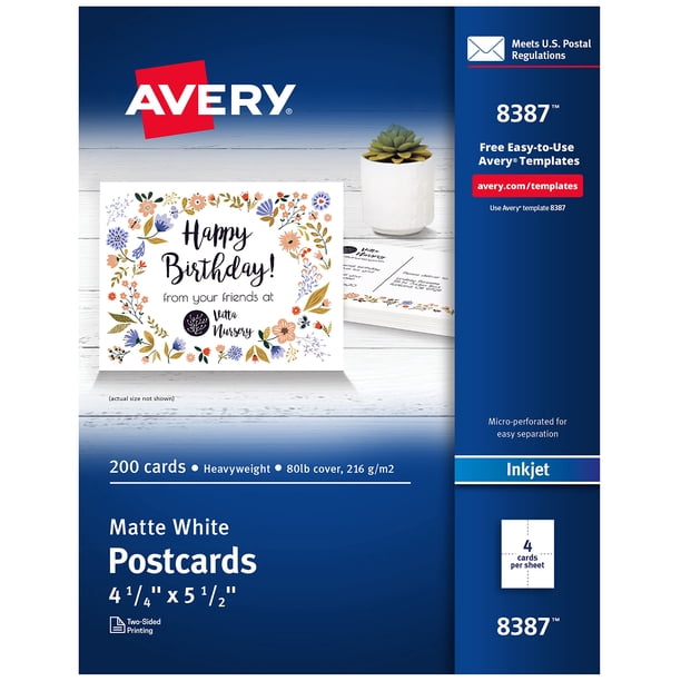 Postales Avery® - Brillo 975 1/2 x 4 1/4 - Mate - 200 / Caja - Mezcla FSC - Esquinas redondeadas perforadas de peso pesado Sin manchas Sin atascos