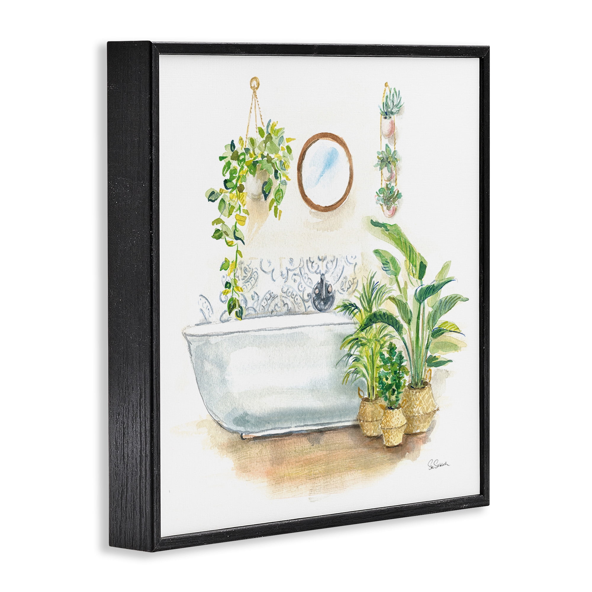 Stupell Industries Serene Bathroom Interior with Greenery Botanical & Floral Painting Black Framed Art Print Wall Art, 17 x 17