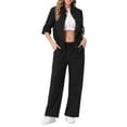 thumbnail image 2 of INSPIRE CHIC Women's 2 Piece Linen Set Button Down Shirt Drawstring Wide Leg Pants Casual Outfit XS Black, 2 of 6