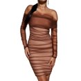 thumbnail image 1 of Vestido midi BELLA BARNETT Sexy fruncido con hombros descubiertos, marrón, 1 of 6