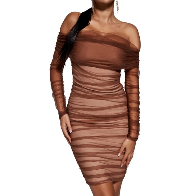 Vestido midi BELLA BARNETT Sexy fruncido con hombros descubiertos, marrón