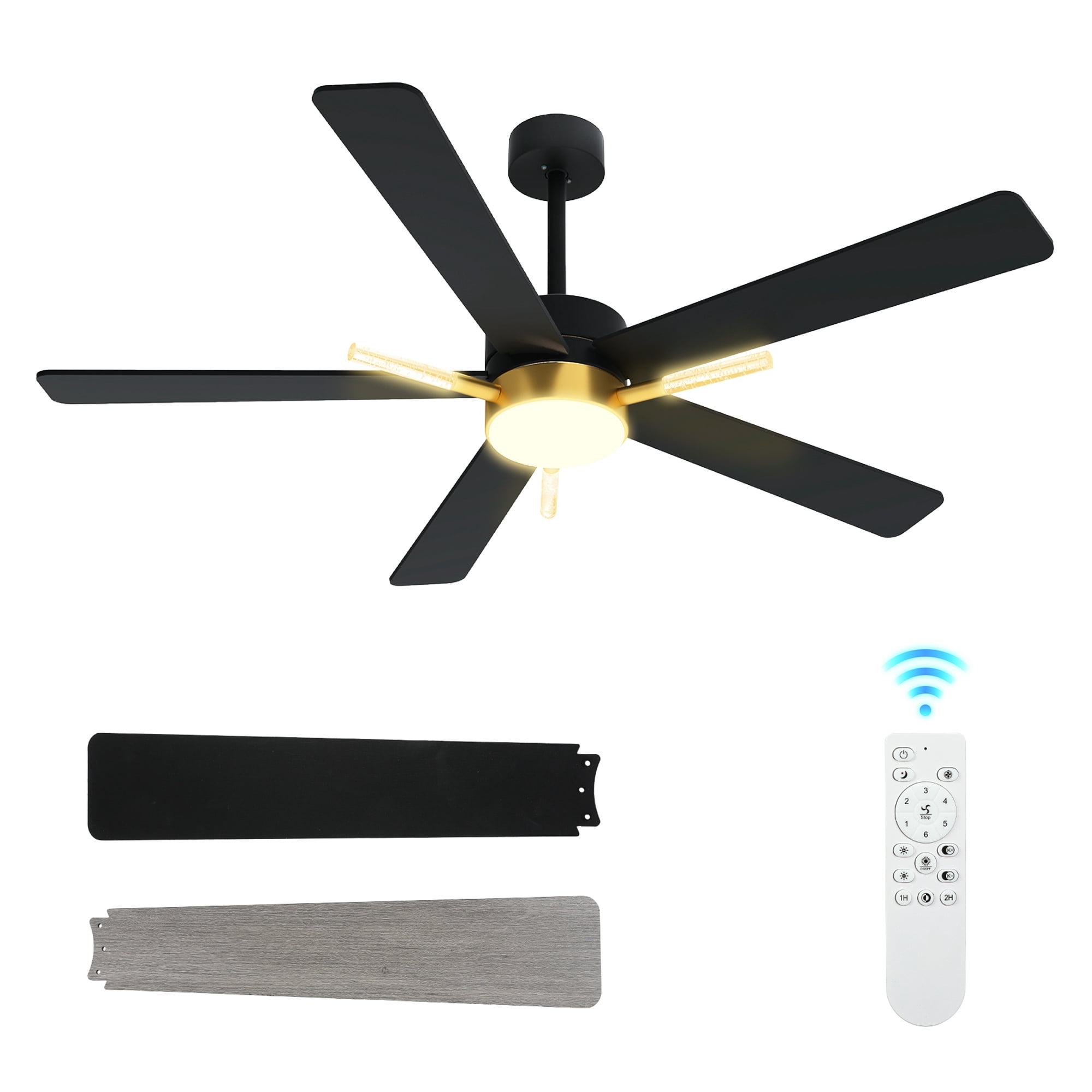Uforic 42-inch Modern Black and Gold Ceiling Fan with Lights and Remote Control,5 Blades with Crystal Rod Design