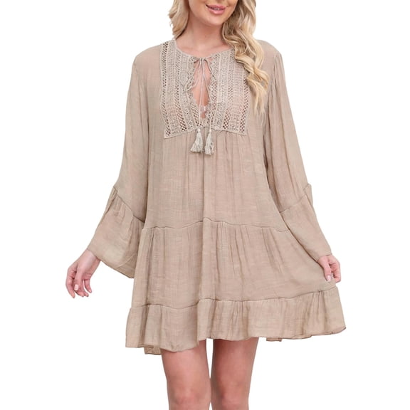 SELONE Beach Coverups for Women Summer Dresses Long Sleeve Cutout Swimwear Ruffled Hem Mid Bathing Suit Khaki