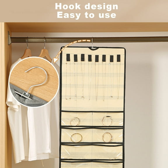 YingYouFu Hanging Jewelry Organizer, Storage Roll with Hanger Metal Hooks, Double-Sided Jewelry Holders for Earrings, Necklaces, Rings On Closet, Wall, Door, 48 Jewelry Bags