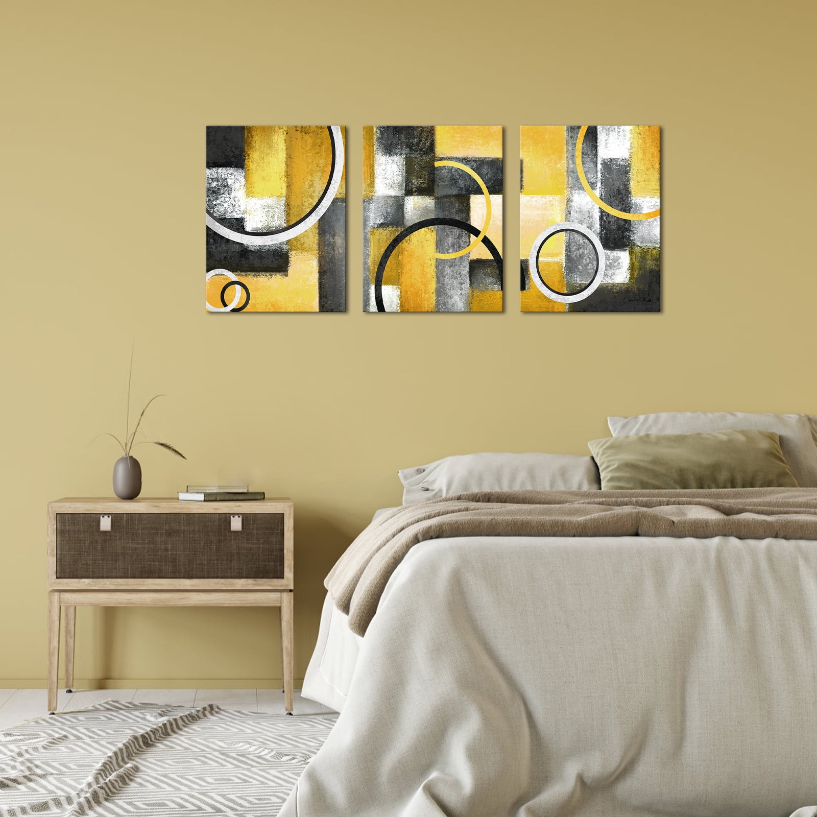Visual Art Decor 3 Piece 12x16 inch Abstract Yellow Framed Canvas Wall Art Clearance Picture Canvas Prints Modern Art Wall Decor for Living Room Bedroom Office