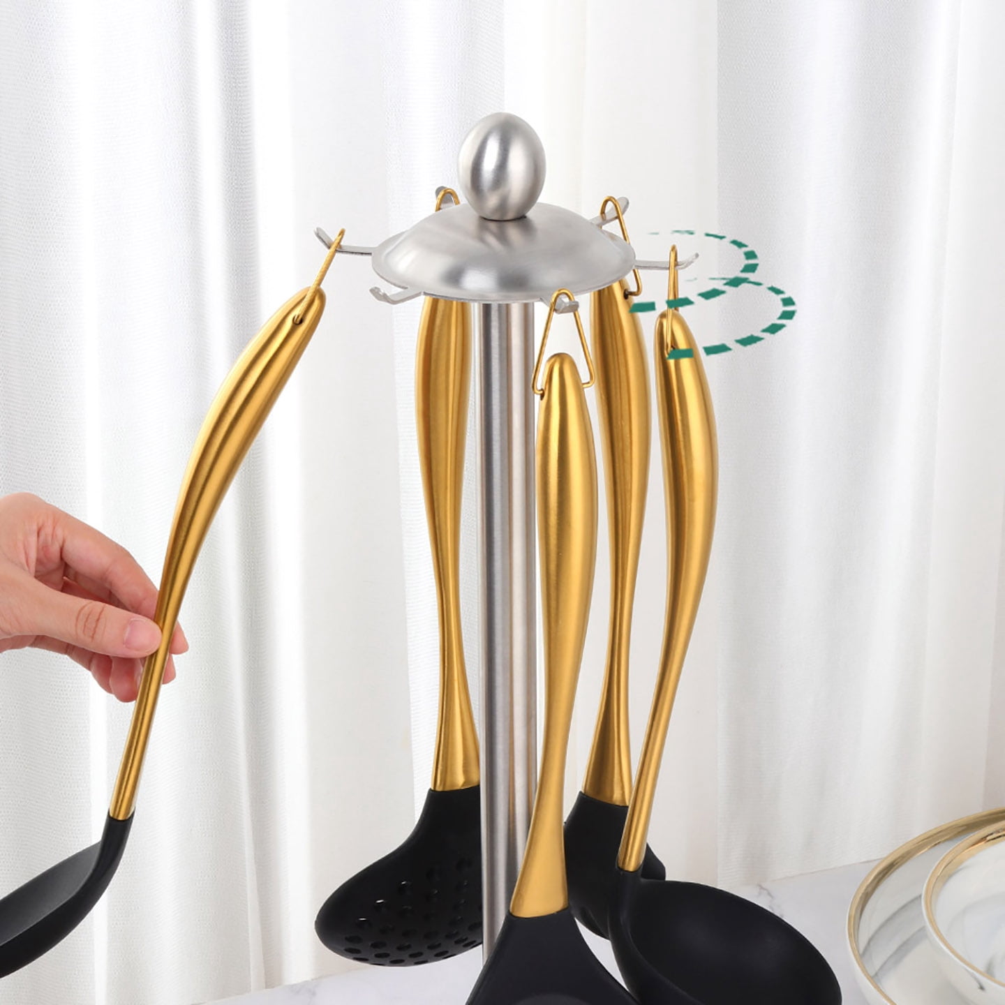 Silicone Cooking Utensils Set, 6-Piece Non-Stick Kitchen Utensil Set with Titanium Stainless Steel Handles & Holder, Spatula, Spoon, Tongs for Baking, Grilling & Frying - Dishwasher Safe,  Gold