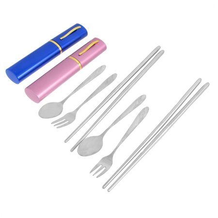 Unique Flatware Unique Bargains 2 Sets Travel Picnic Stainless Steel Spoon Chopsticks Fork w Blue Pink Case ()