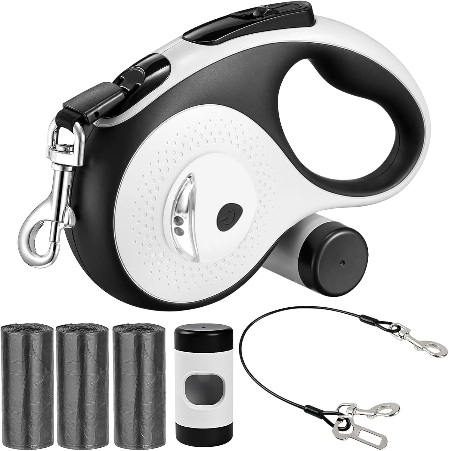 26Ft Retractable Dog Leash - for Dog Up to 110lbs, Tangle Free Walking Leash with Chew Proof Cable | LED Light | Dispenser | Poop Bags, Quick Lock Braking & Non-Slip Handle (Blue)