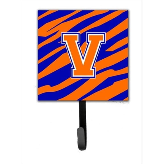 Carolines Treasures  Letter V Initial Monogram - Tiger Stripe - Blue Orange Leash Holder Or Key Hook