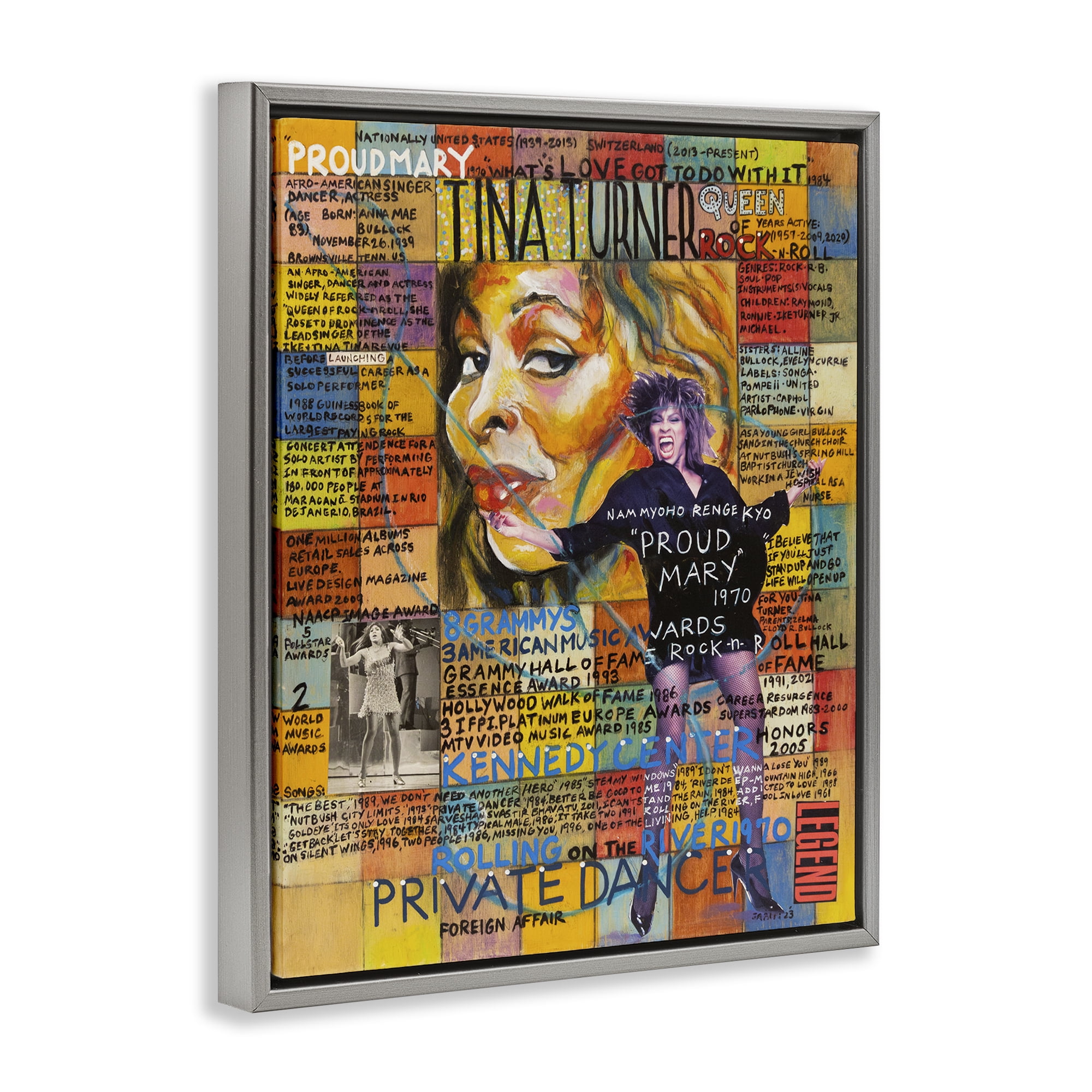 Stupell Industries Tina Turner Collage People Drawing Gray Floater Framed Canvas Art Print Wall Art, 25 x 31