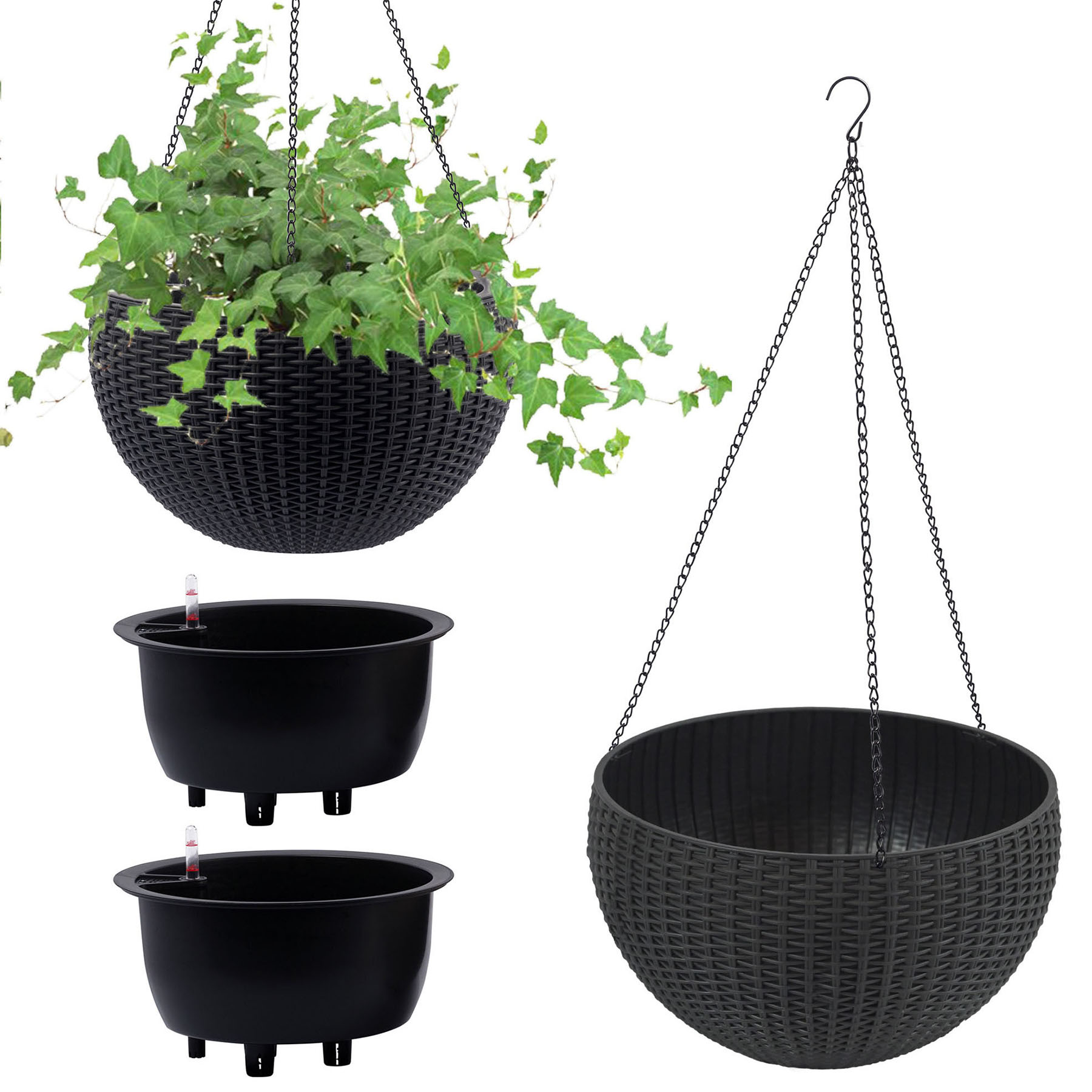 S-HOME Dual-Use Self-Watering Hanging Rattan Planters 13.4 Inch Large Size with Water Level Indicator, for Balcony Decor Indoor Use, Black