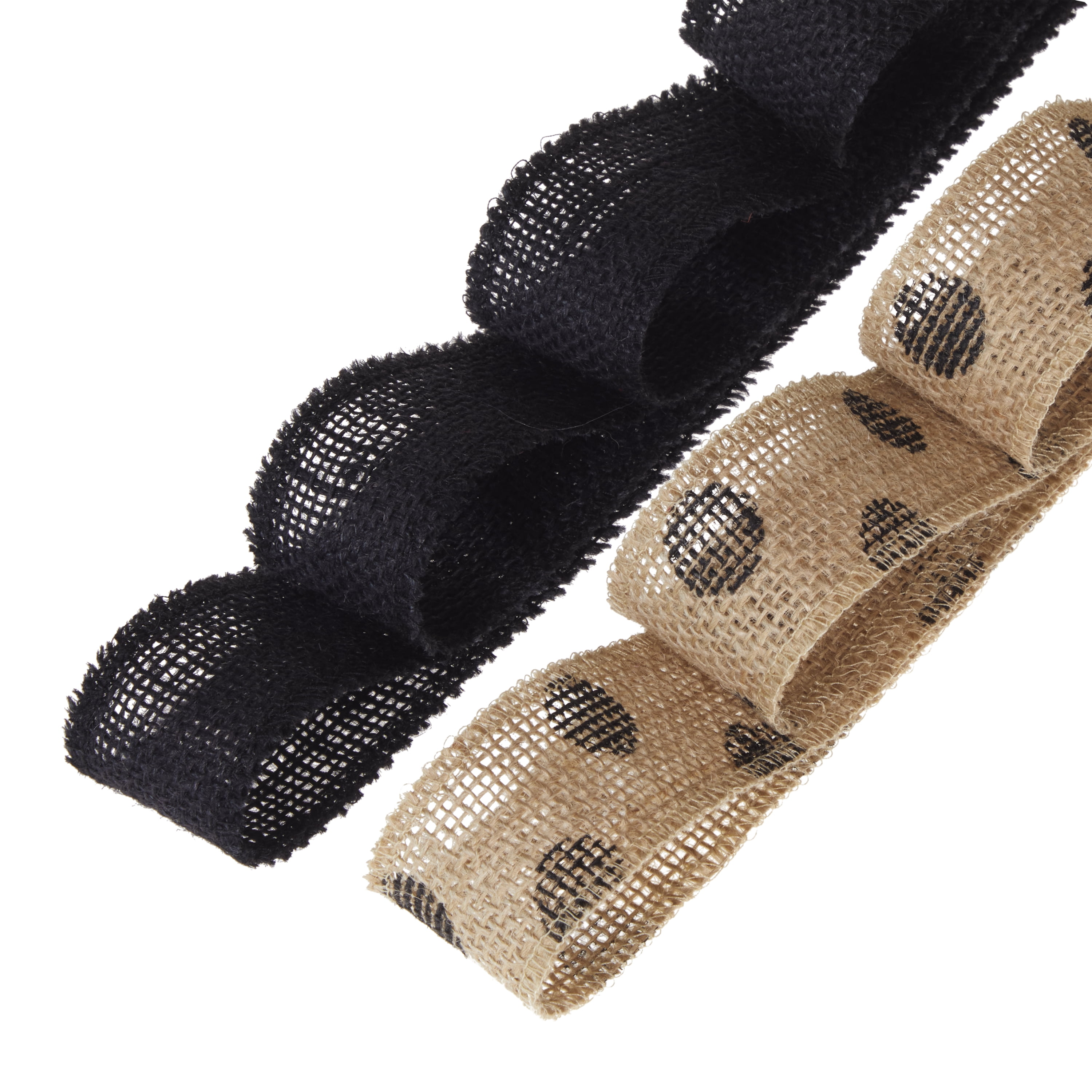 (2 pack) Love, Laugh, Craft Burlap Ribbon Set, 1.5"W x 3-Yds, Natural/Black Dots