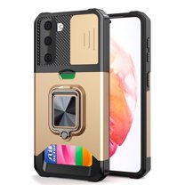 Kickstand Case for Samsung Galaxy S22, Dteck Slide Cover Heavy Duty Armor with Rotate Ring Stand Card Holder Slot, Support Car Magnetic Mount, Shockproof Wallet Cover,Gold