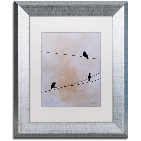 Trademark Fine Art 'Bird on Wire White' Canvas Art by Nicole Dietz, White Matte, Silver Frame