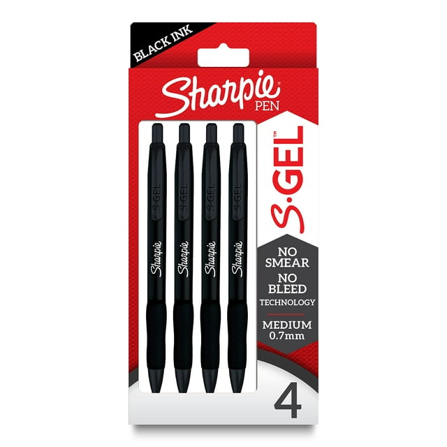 Bolígrafos de gel Sharpie S-Gel Sleek con forma de barril metálico, tinta negra, 0,7 mm, 4 unidades