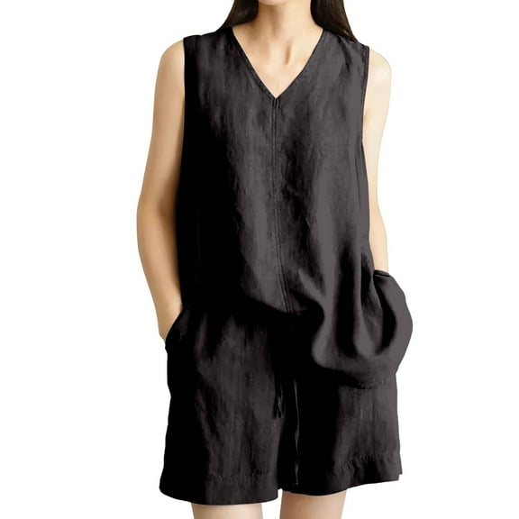 NMMUED 2 Piece Sets for Women Summer Short Sets for Women Linen Two Piece Set Women Tank Top and Shorts Set Women Gauze Sets for Women 2 Piece, Black L