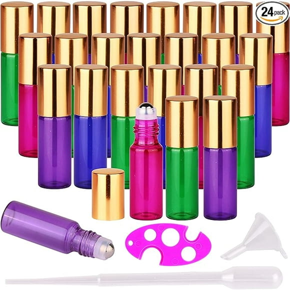 MAXMAU 24X Coloured Roller Bottles for Essential Oils Perfume 5ml Refillable Glass Bottle Metal Roll On Ball Golden Cap with Accessories Opener Funnel Droppers Included
