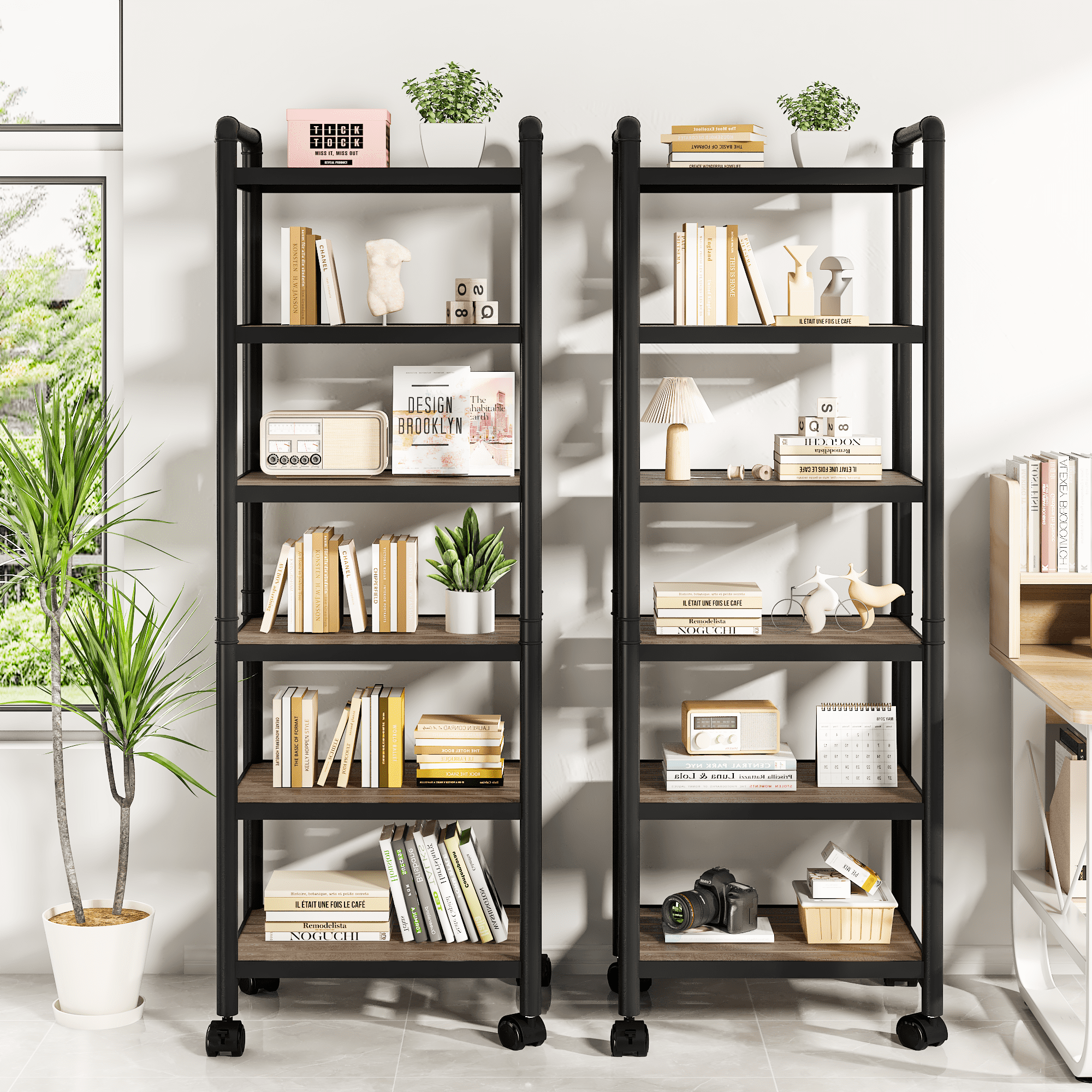 Baxluxe Adjustable 6-Tier Storage Shelves with Wheels, Narrow Tall Bathroom Shelves, Metal Frame Organizer Shelf with Wood Shelves for Kitchen, Garage, 12"Lx16"Wx63" H