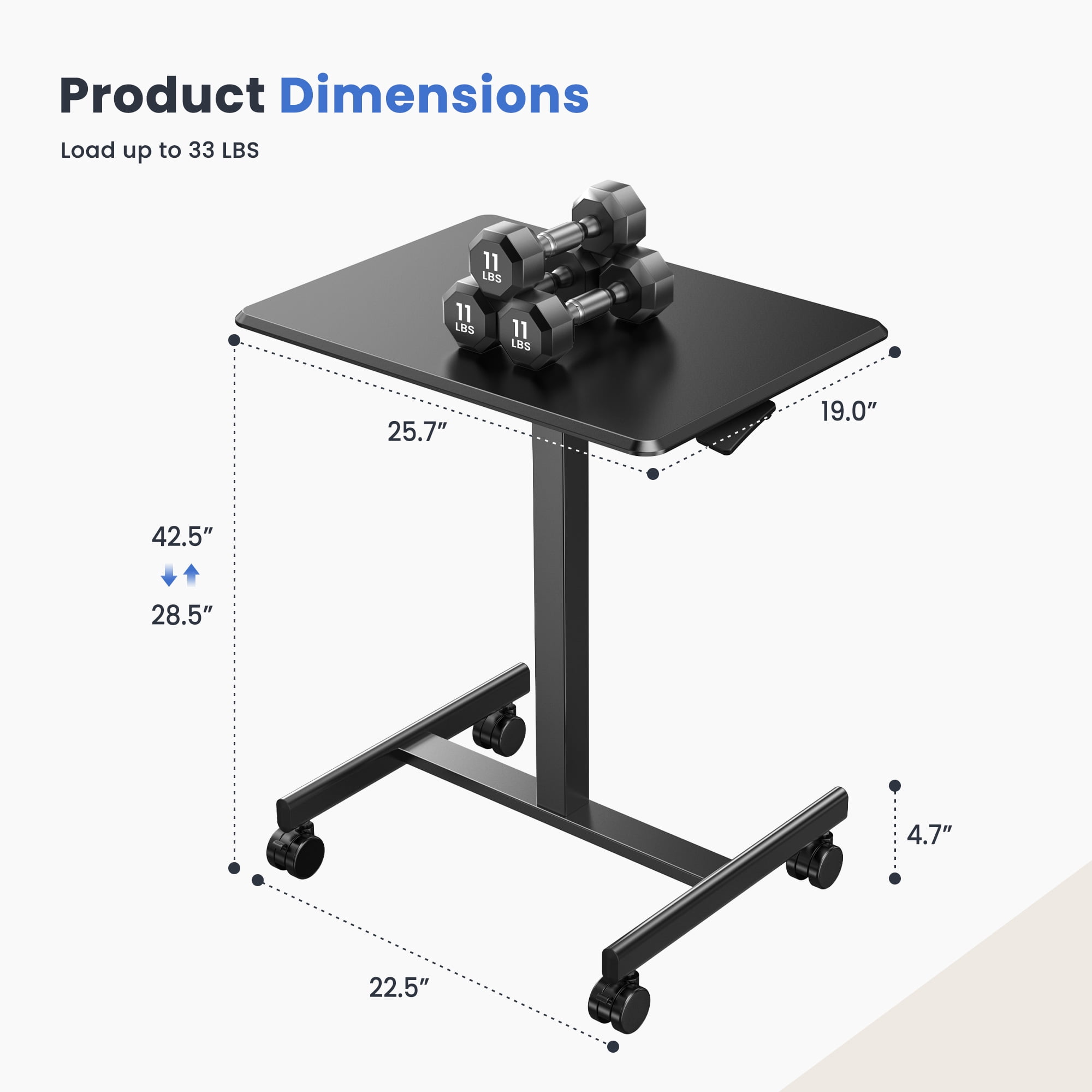 EDX Small Standing Desk, Mobile Portable Rolling Desk with Lockable Wheels & Adjustable Height, for Home Office, Black