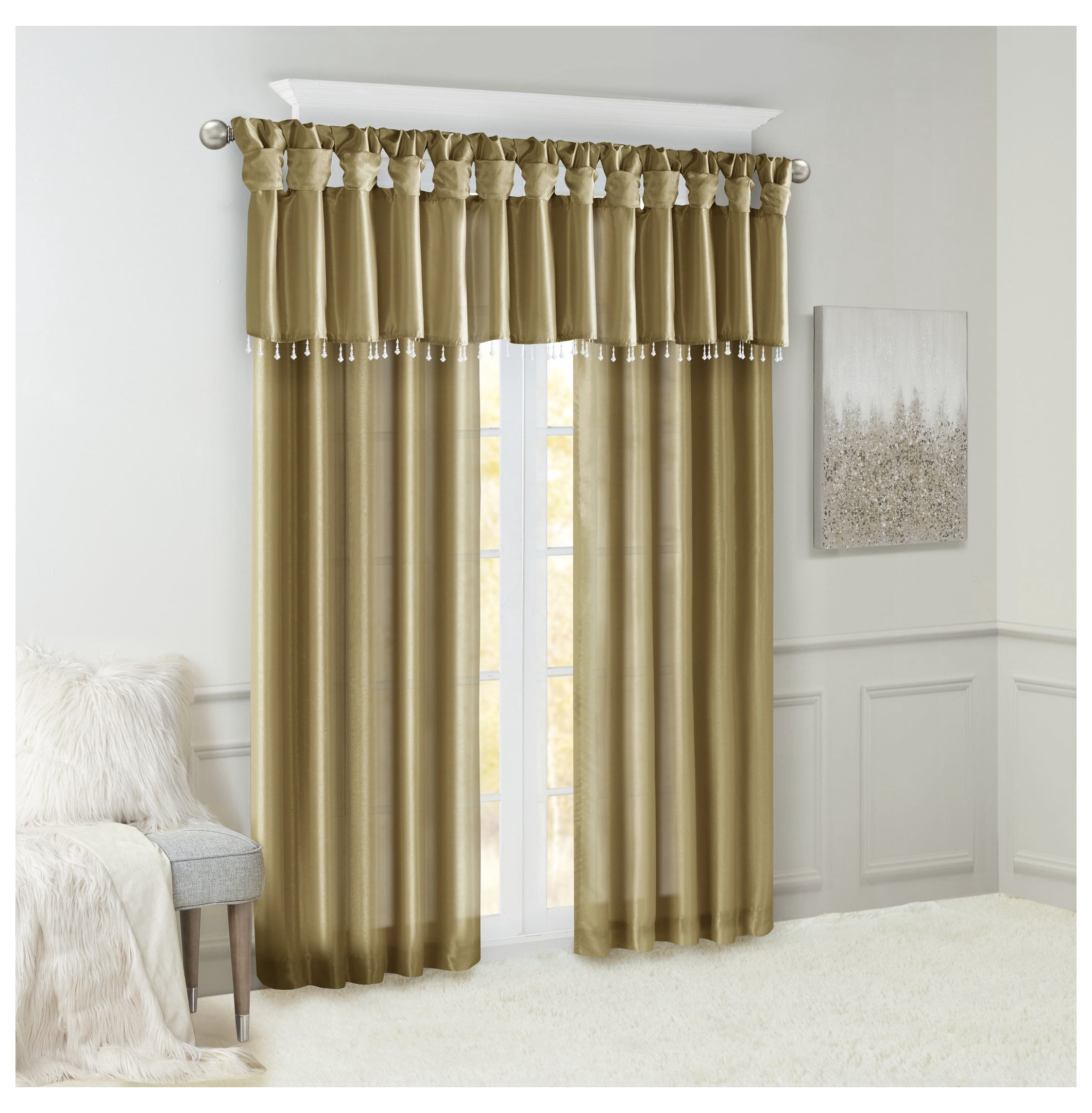 Lightweight Faux Silk Valance With Beads Bronze 50x26"