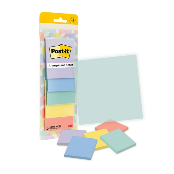 Post-it Transparent Sticky Notes  2.8" x 2.8" Assorted Colors 36 Sheets/Pad 5 Pads/Pack