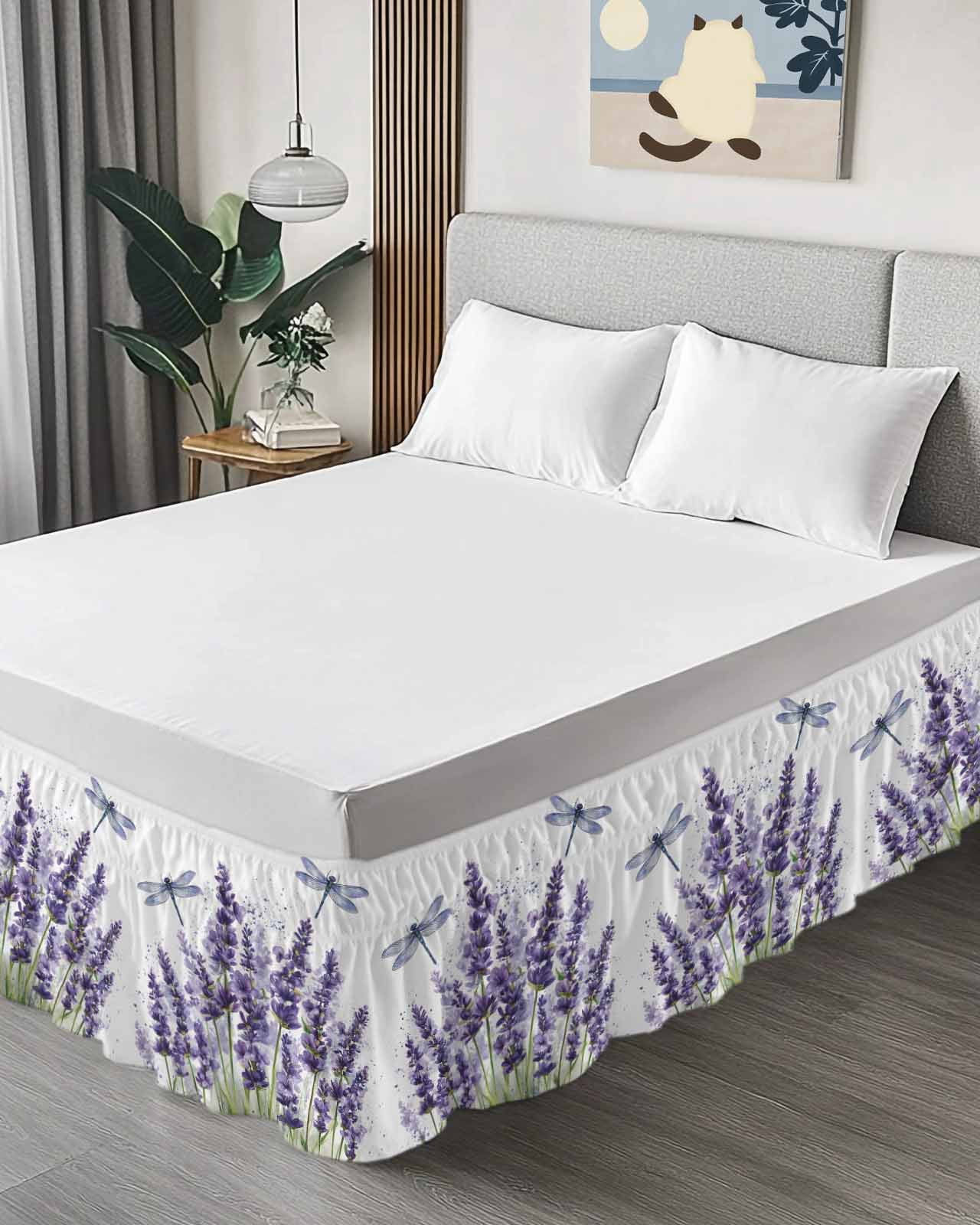 Purple Lavender Wrap Around Bed Skirts for Queen Bed 16" Drop,Bed Skirt with Adjustable Elastic Belt Dust Ruffle Bed Valance for Bedroom Hotel Pastoral Botanical Floral Dragonfly Bed Frame Cover