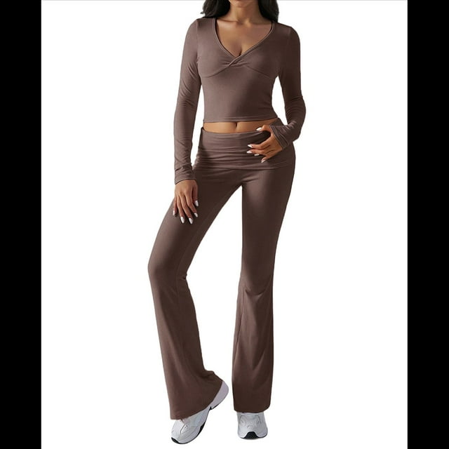 Conjunto Deportivo de 2 Piezas para Mujer, Camiseta de Larga, Pantalones Acampanados, Chándal Informal, Color Café, Talla XL