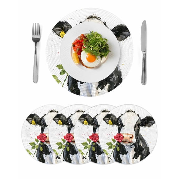 Black White Cow Round Placemats Set of 4 for Dinning Tables,Heat-proof Braided Table Mats 15 Inch,Spring Farmhouse Animals Printed Red Floral Washable Place Mat for Kitchen Restaurant Party Table