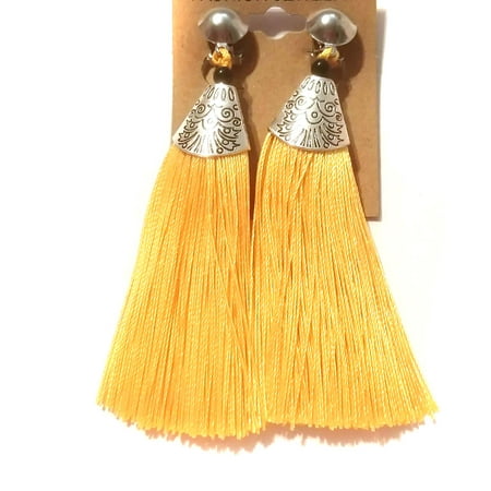 earrings tassel fringe bohemian lightweight yellow clip silver