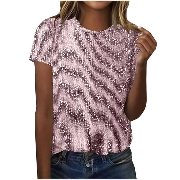 Sequins Tops Short Sleeve for Women Party Outfits Clubwear Christmas Shirts Crew Neck Loose Fit Sparkly Blouse (XL, Pink)