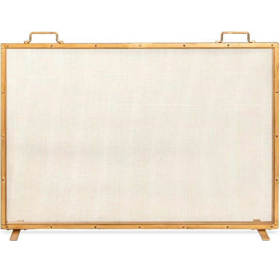 Best Choice Products 38x27in Single Panel Fireplace Screen Handcrafted Steel Mesh Spark Guard w/ Handles - Antique Gold