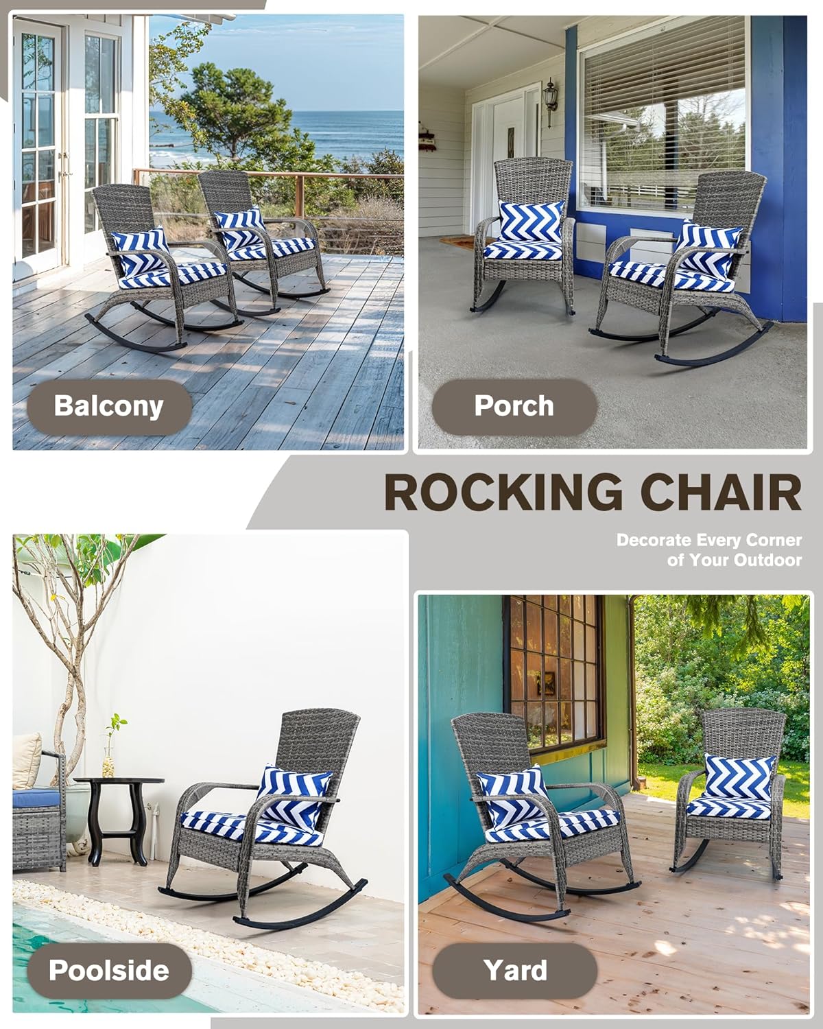 Outdoor Rocking Chair- Glider Rattan Rocker Chair with Heavy Duty Steel Frame- All Weather Outdoor Rocker Chair for Garden, Porch, Backyard