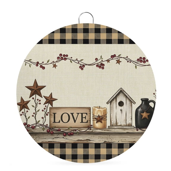 Welcome Sign for Front Door, Farmhouse Barn Round Metal Wall Art Wreaths, Rustic Vintage Star Berry Candle Gingham Outdoor Indoor Wall Hanging Sign for Porch Decor Housewarming Gifts 5.9 Inch