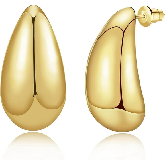 Chunky Gold Teardrop Hoop Earrings for Women, Lightweight Hypoallergenic 14K Gold Plated Open Thick Drop Earrings Big Simple Half Fashion Jewelry for Women Teen