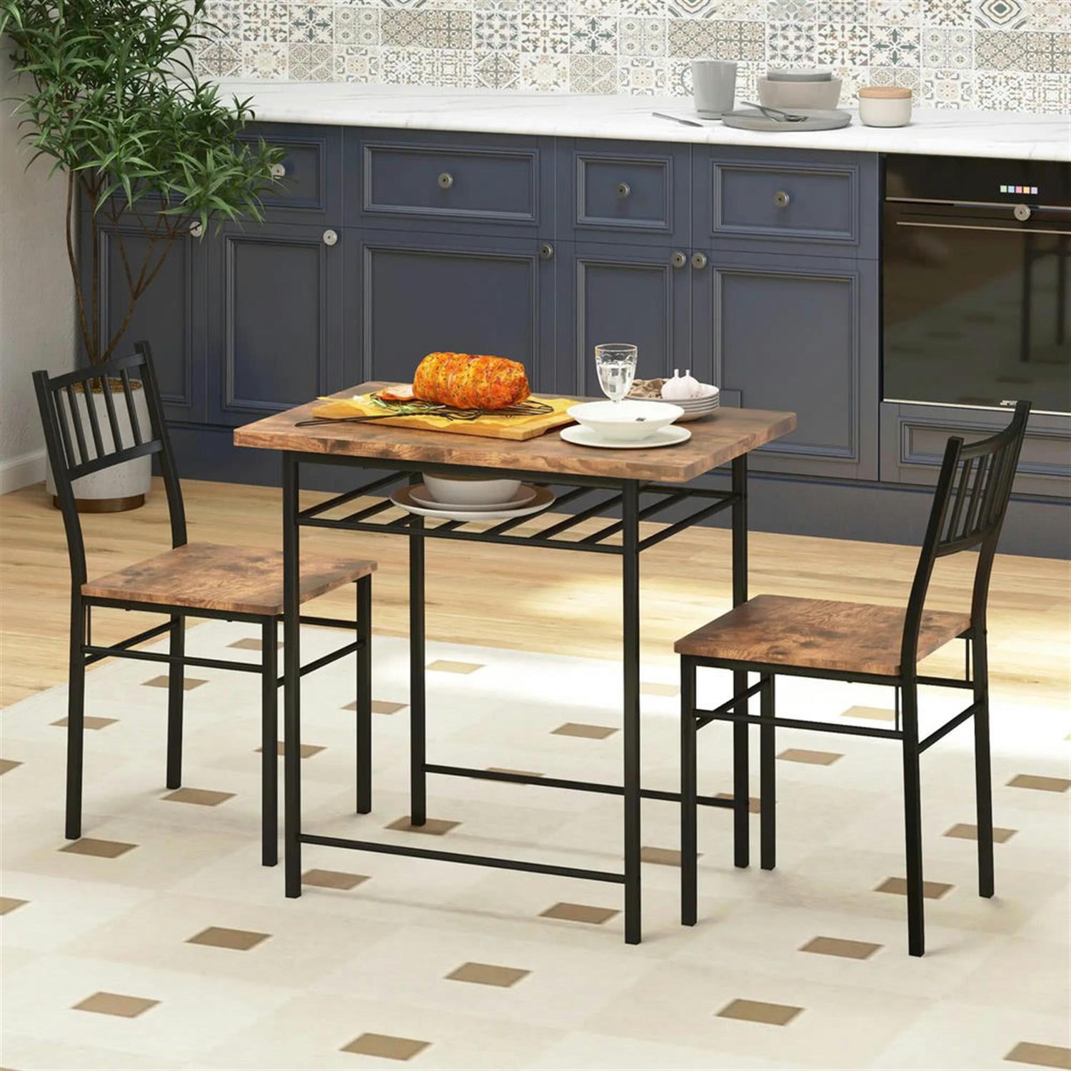 Demi Bonn 3 Piece Dining Table Set for Small Spaces with Storage Rack and Steel Frame, Kitchen Table and Chairs for 2 Dining Room Set with 2 Chairs, Brown